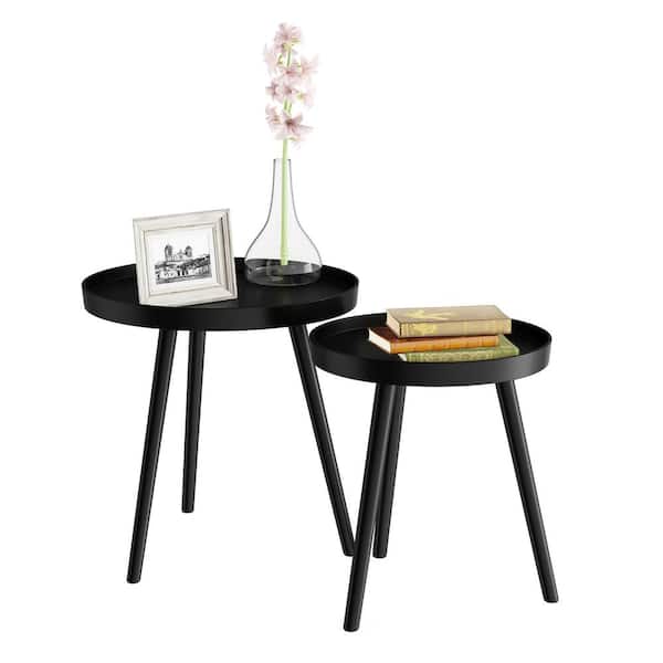 Set Of 2 Natural Finish With Black Nesting Wood Accent Trays Set Of 2 Natural Finish With Black Nesting Wood Accent Trays