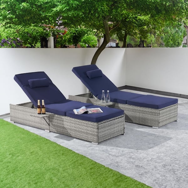 SANSTAR 2-piece Patio Chaise Lounge Chairs, Rattan Reclining Chair Adjustable Backrest with Navy Blue Cushion