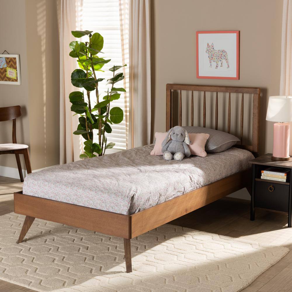 Ash Walnut Twin Wood Frame Bed with Spindle Headboard