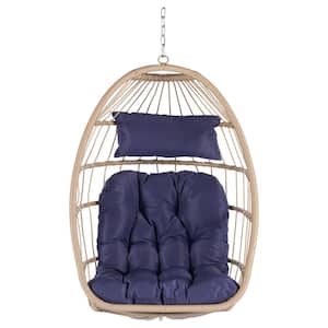 Wicker Wood Porch Swing Outdoor Indoor Garden Rattan Egg Swing Chair Hanging Chair with Navy Blue Cushions