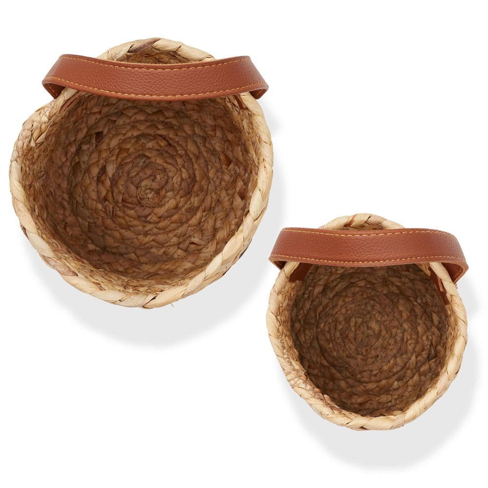Natural Water Hyacinth Wall Hanging Baskets with Faux Leather Handles