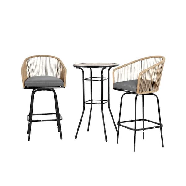 3-Piece Outdoor Wicker Ratten Outdoor Bistro Set, with Cushions, for Porch, Backyard, Garden, Gray