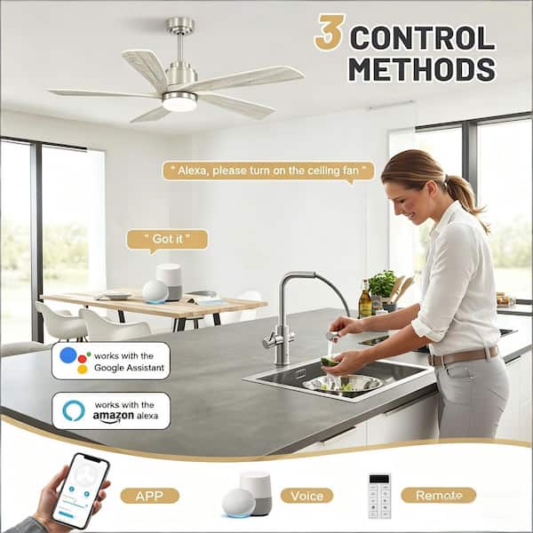 Sofucor 52 in. Indoor/Outdoor Smart Nickel Wood Ceiling Fan with LED Light  and Remote APP Control T-52K085-SNHMW - The Home Depot