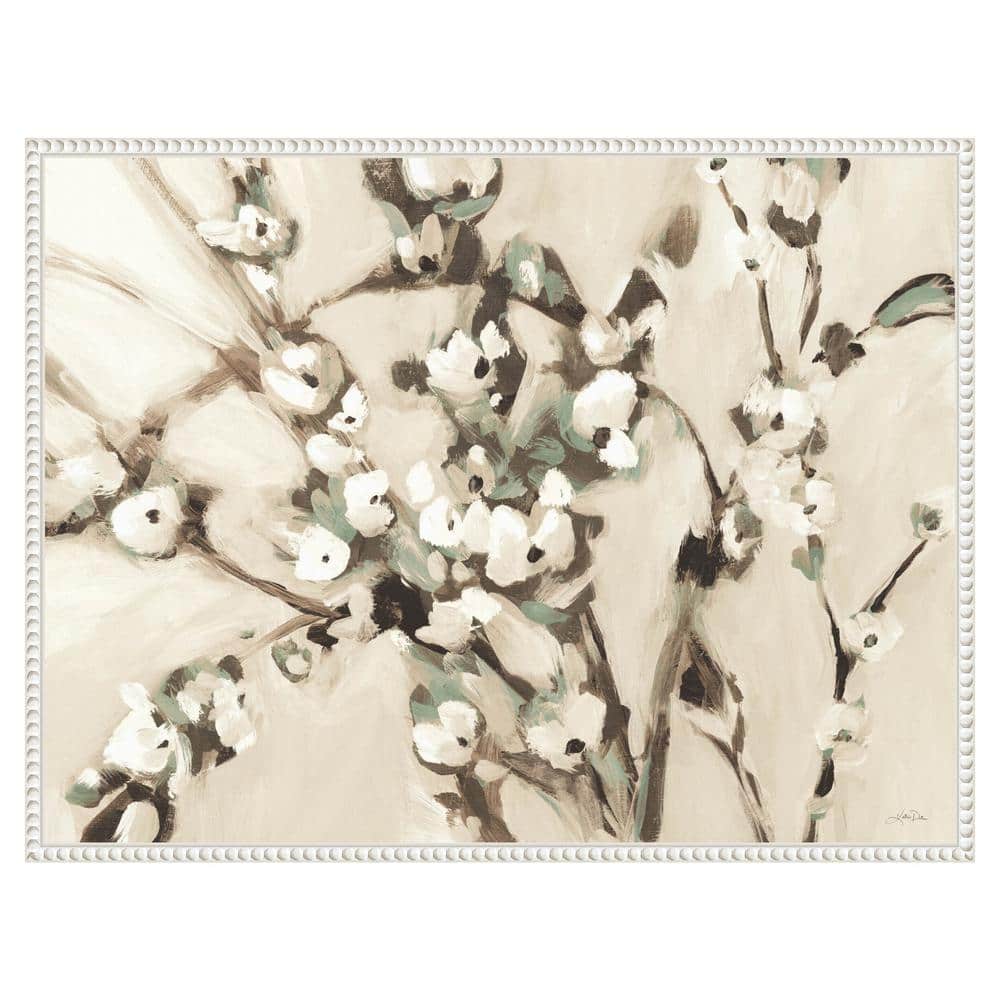 Wild Floral Branches Neutral Canvas Wall Art with White Frame