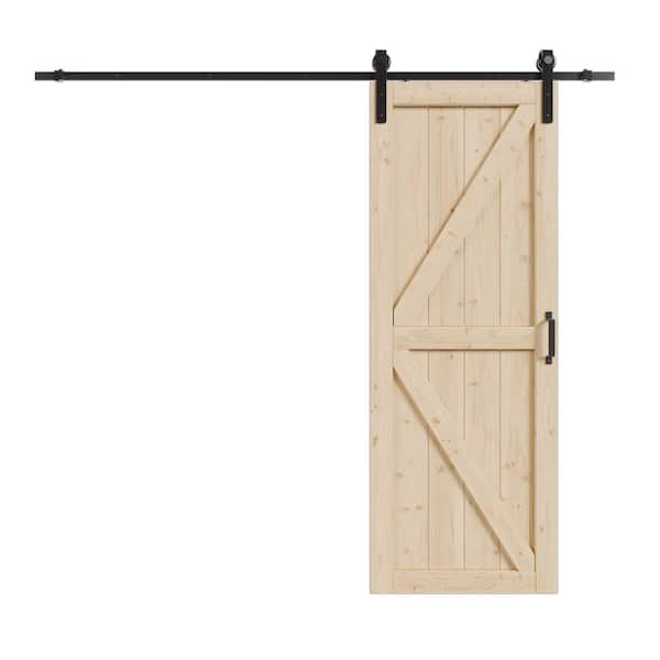 30 in. x 84 in. K-Frame, Pine Wood Unfinished, Barn Door Slab with Barn Door Hardware