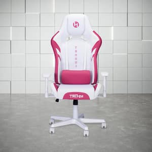 Echo Stain-Resistant Fabric Reclining Ergonomic Gaming Chair in White with Pink Accents and Adjustable Arms