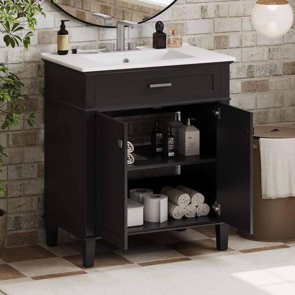 30 in. Freestanding Black Bath Vanity with White Ceramic Top, Bathroom 2 Door Storage Cabinet Unassembled