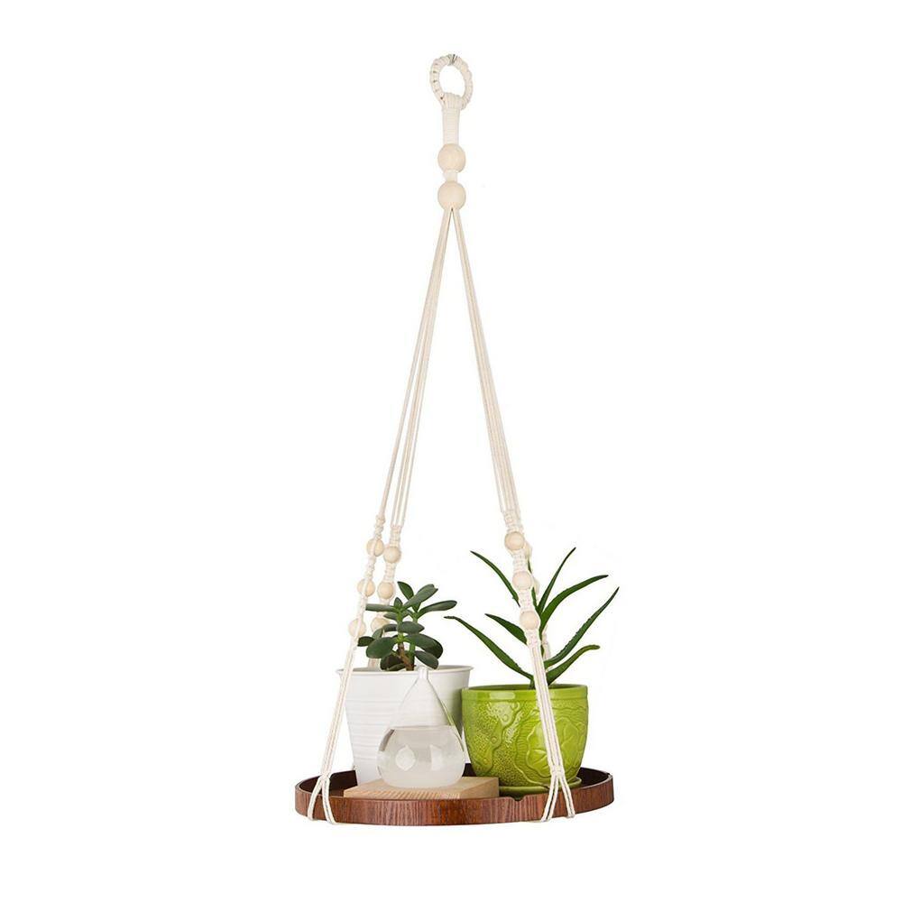 Dyiom 12 In. Dia Brown Wooden Hanging Planter Shelf With Twisted Cotton 