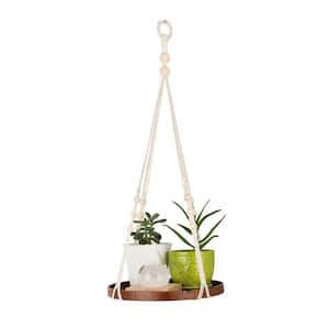 12 in. Dia Brown Wooden Hanging Planter Shelf with Twisted Cotton Rope (1-Pack)