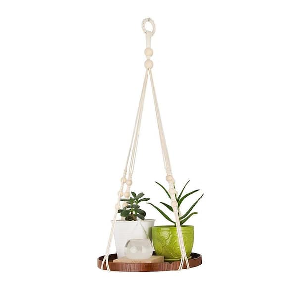 Dyiom 12 in. Dia Brown Wooden Hanging Planter Shelf with Twisted Cotton Rope (1-Pack)