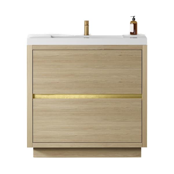 35.43 in. W x 19.69 in. D x 35.43 in. H Freestanding Bath Vanity in Oak Natural Wood with White Resin Top