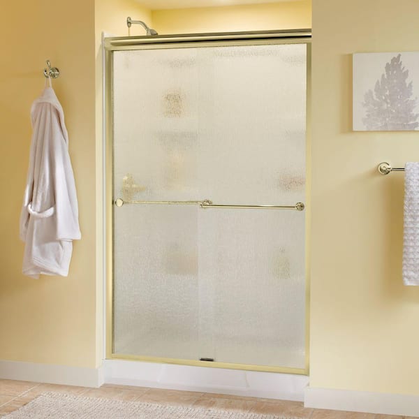 Delta Crestfield 48 in. x 70 in. Semi-Frameless Traditional Sliding Shower Door in Brass with Rain Glass