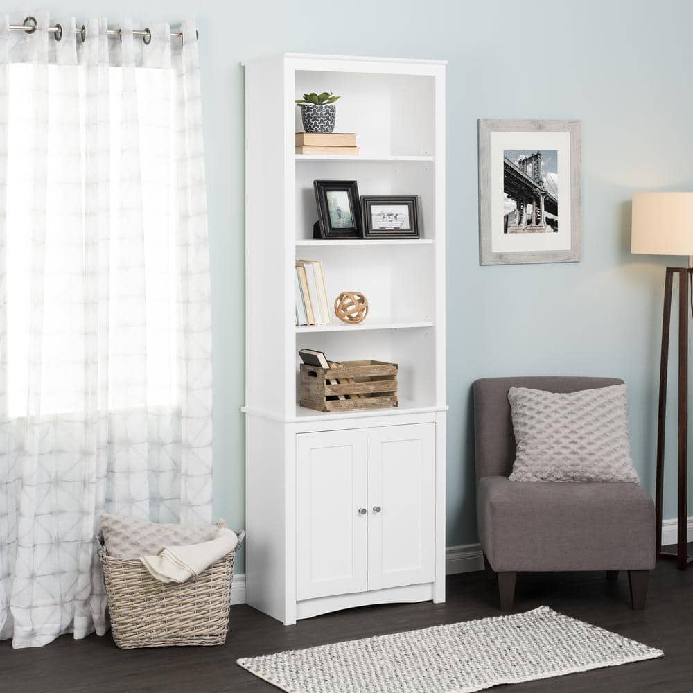 Tall White Wood Bookcase with Shaker Doors