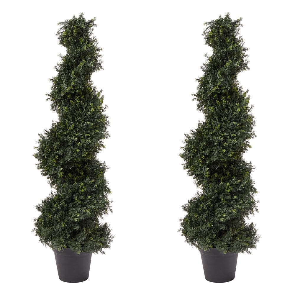 Set of Two 4ft Spiral Cypress Artificial Topiary Trees in Pots