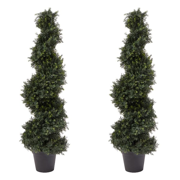 Pure Garden 4 ft. Spiral Cypress Artificial Trees-Topiaries with Pots (Set of 2)