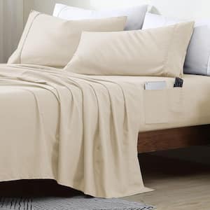 Full Size Microfiber Sheet Set with 8 Inch Double Storage Side Pockets, Cream