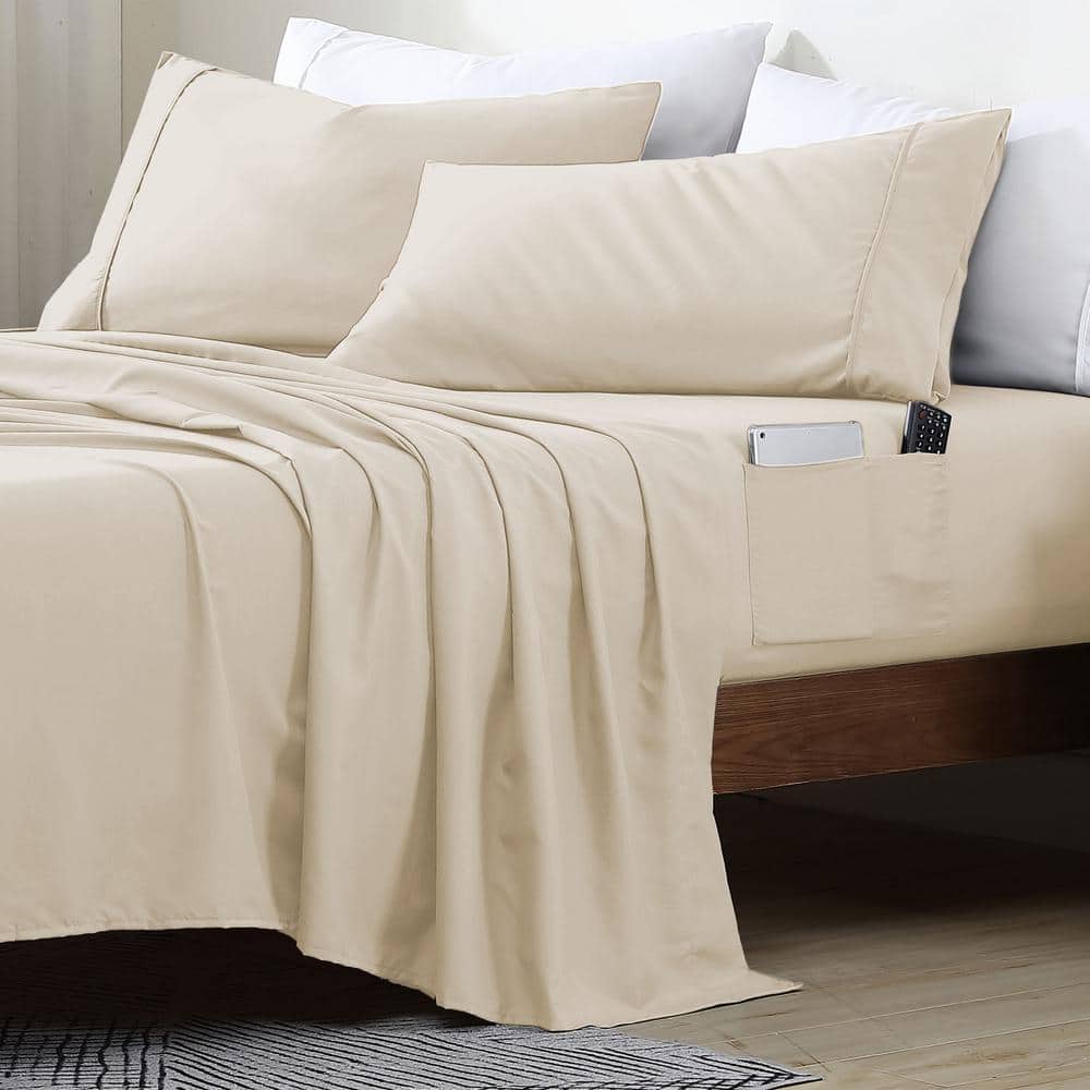 Queen Size Microfiber Sheet Set with 8 in. Double Storage Side Pockets, Cream price history on PriceWatchPro