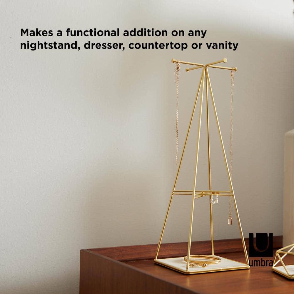 Matte Brass Steel Pyramid Jewelry Stand with Linen Base