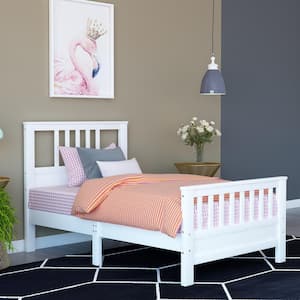White Wood Twin Platform Bed with Headboard and Footboard
