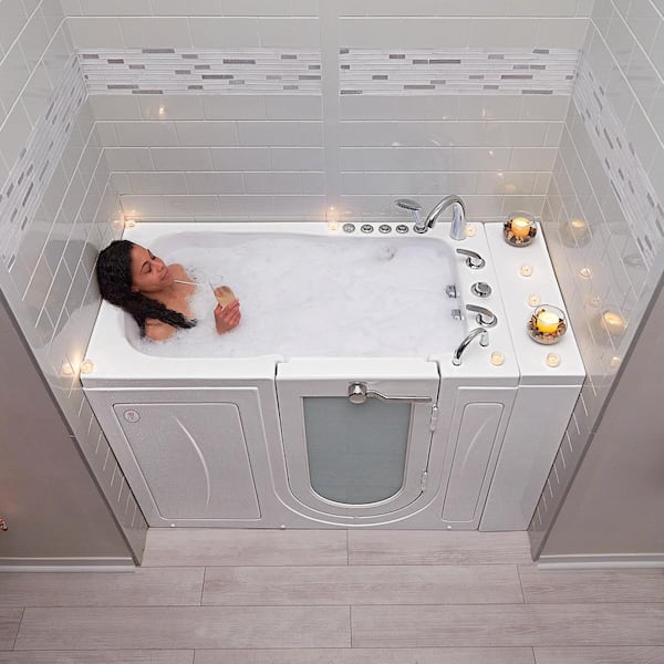 Monaco Acrylic 52 in. Walk-In Whirlpool and Air Bath in White Heated Seat Fast Fill Faucet Set Right 2 in. Dual Drain