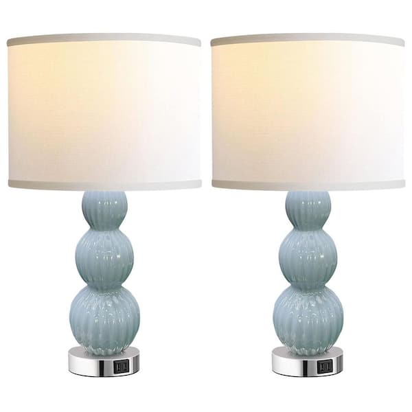 Rottogoon 26.5 in. Modern Blue Bedside Lamp with 3-Way Dimmable Touch Control Ceramic Table Lamp with 2 USB Ports (Set of 2)