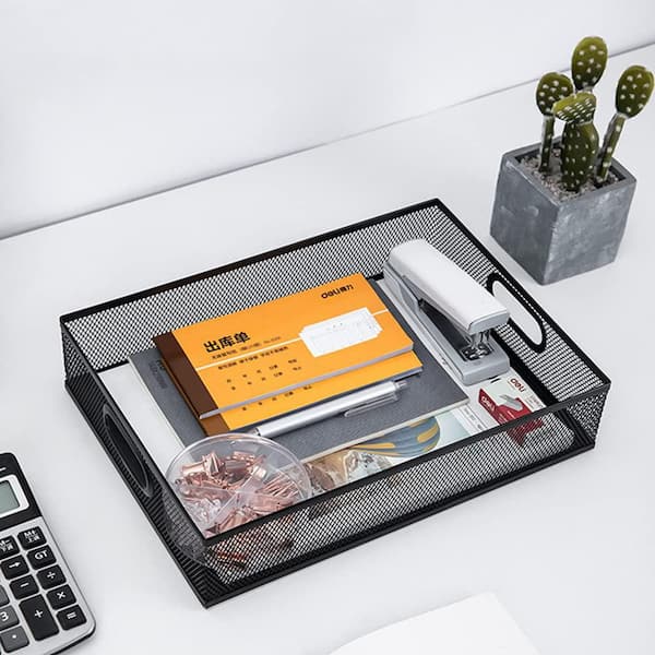 Black 13 in. x 9 in. Metal Mesh Desk Organizer Tray, Large Storage Box for Office Home Supplies