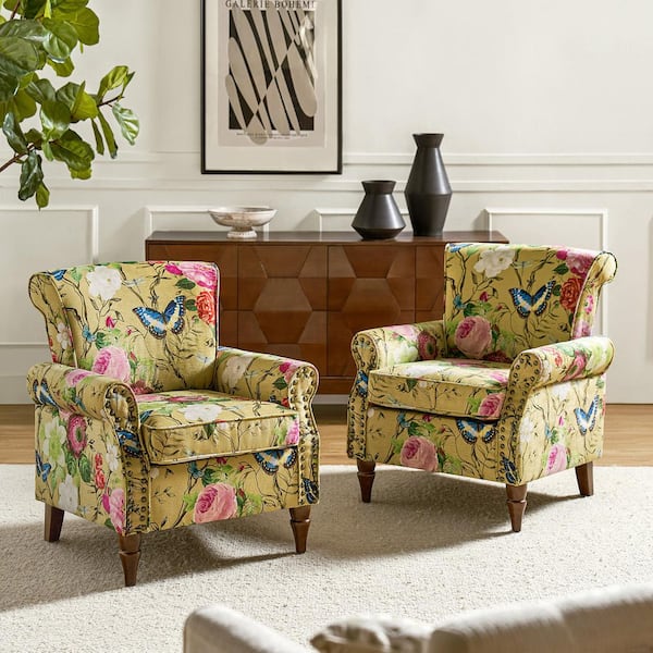 JAYDEN CREATION Auria Traditional Mustard Polyester Accent Arm Chair with Nailhead Trim and Rolled Arms (Set of 2)