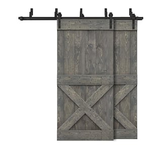 48 in. x 84 in. Mini X-Bypass Weather Gray Stained DIY Solid Wood Interior Double Sliding Barn Door with Hardware Kit