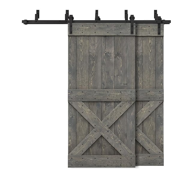 CALHOME 64 in. x 84 in. Mini X Bypass Weather Gray Stained DIY Solid Wood Interior Double Sliding Barn Door with Hardware Kit