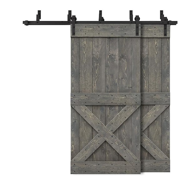 CALHOME 96 in. x 84 in. Mini X-Bypass Weather Gray Stained DIY Solid Wood Interior Double Sliding Barn Door with Hardware Kit