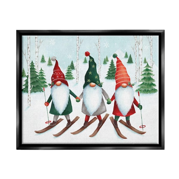 Stupell Industries Gnome Trio Skiing by Emma Leach 1-Piece Floater Frame Graphic Print Sports Poster Art Print 31 in. x 25 in.