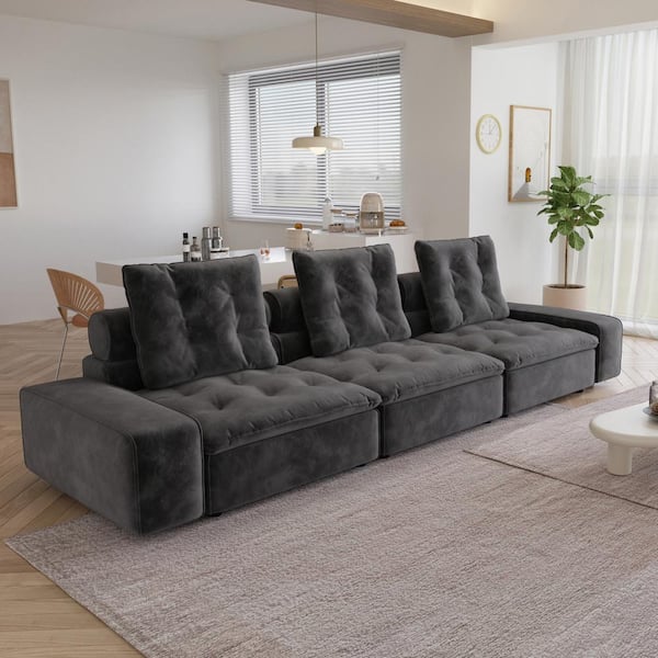 142 in. Square arm Rectangle 3-Seater Frosted Velvet Free Combination Modular Sectional Sofa in. Gray
