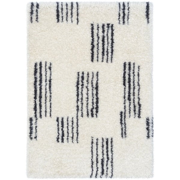 Well Woven Rue Yucca Moroccan Ethnic Shag Ivory Grey 5 ft. 3 in. x 7 ft. 3 in. Area Rug