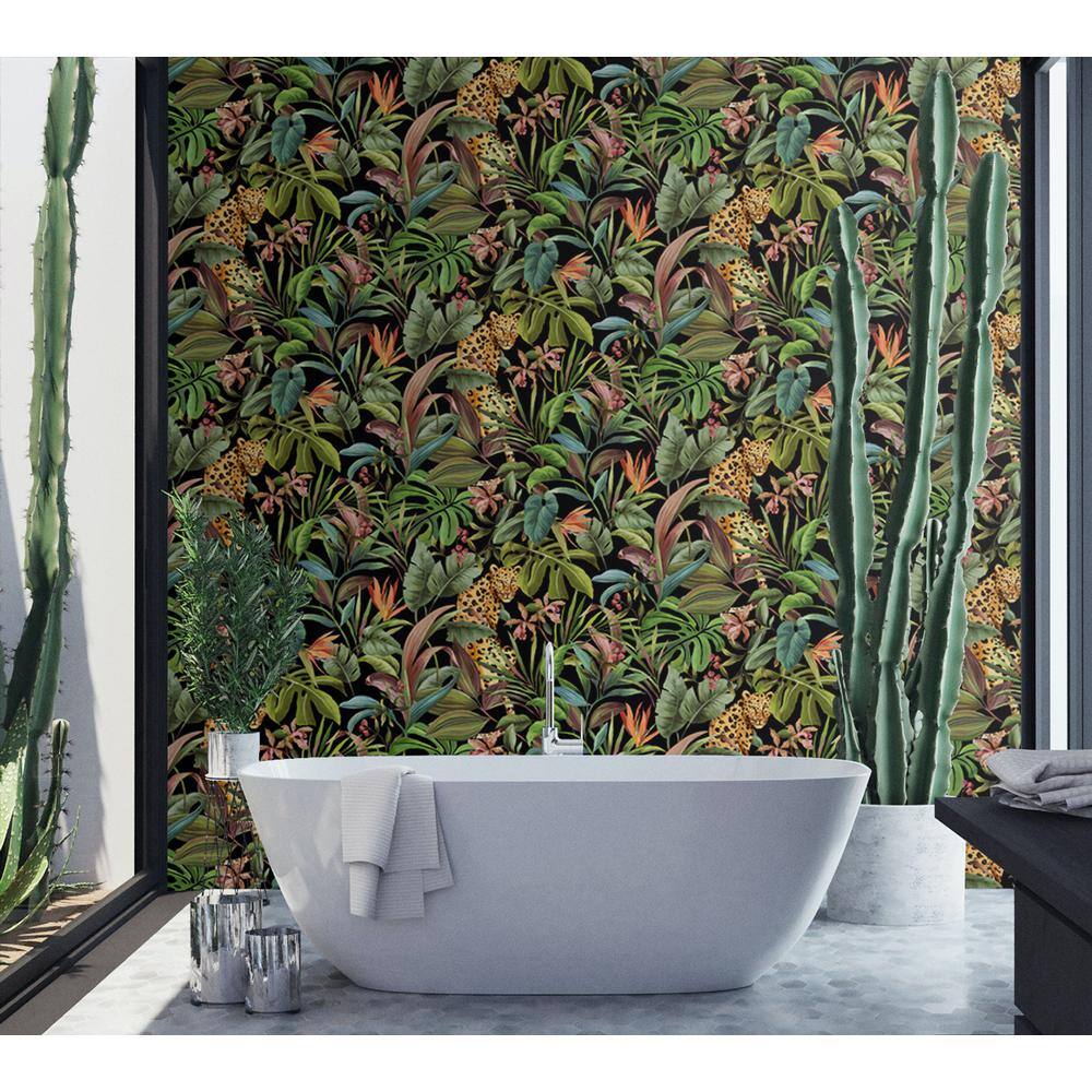 Gloss Black Tropical Leopard Peel and Stick Wallpaper Roll