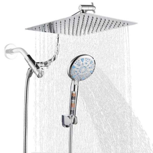 Rainfull 2-in-1 9-Spray Patterns Adjustable Fixed Dual Shower Head with Filter 1.8GPM and Handheld Shower Head in Chrome