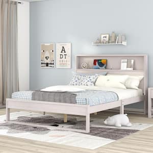 Antique White Wood Frame Queen Size Platform Bed with Storage Headboard, Sockets and USB Ports