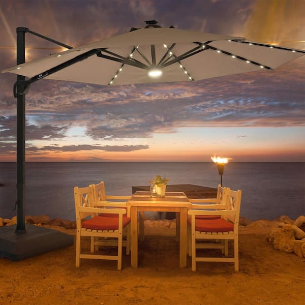 JOYESERY 11 ft. Aluminum Cantilever Patio Umbrella with a Base, Outdoor Offset Hanging Rotation with Solar LED Lights in Sand