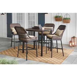 Beacon Park 5-Piece Brown Wicker Outdoor Patio High Dining Set with CushionGuard Toffee Trellis Tan Cushions