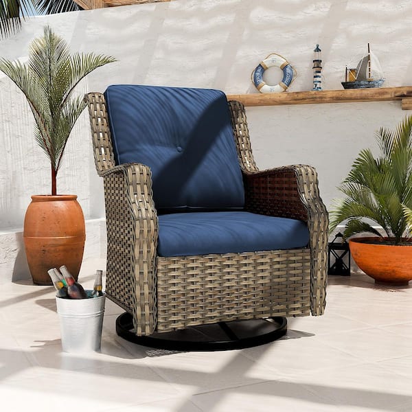 INMITOM Wicker Outdoor Lounge Chair with Blue Cushions and 360° Swivel Handwoven PE Rattan