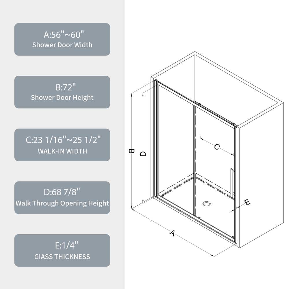 60" Matte Black Sliding Shower Door with Tempered Glass