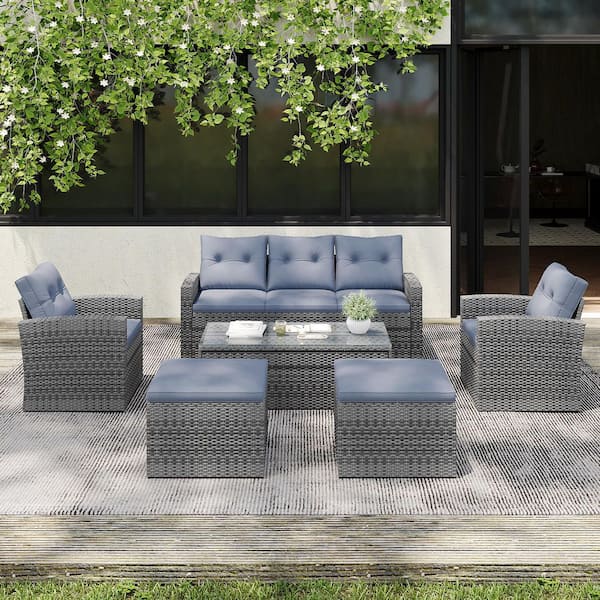 Cesicia Gray 6-Piece Wicker Outdoor Sectional Sofa Set with Gray Cushions and Table