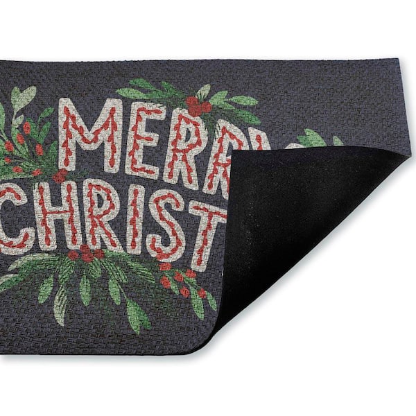 Merry Christmas with Foliage Blue 18 in. x 30 in. Polyester Non-Slip Outdoor Door Mat