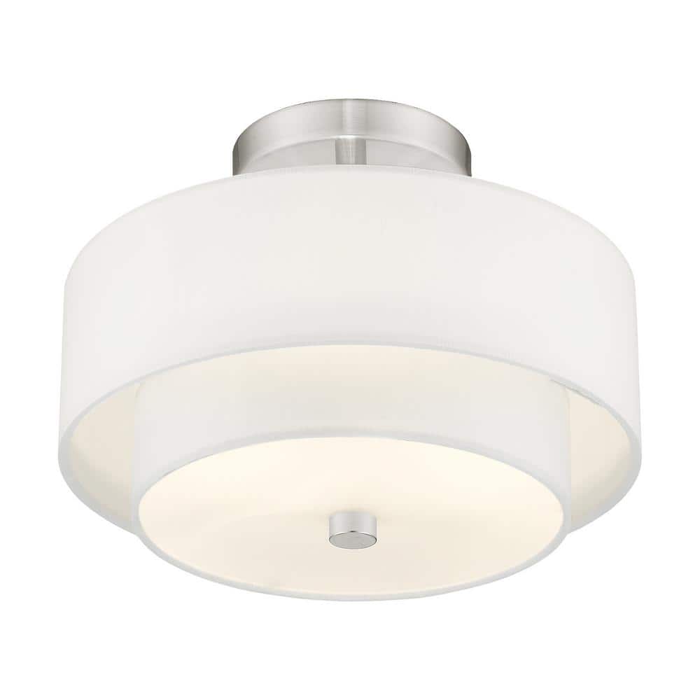 Claremont Brushed Nickel 2-Light Semi-Flush Mount with Off-White Drum Shade