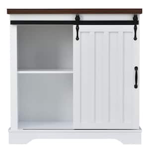31.5 in. W x 15.7 in. D x 31.9 in. H White and Brown Floor Linen Cabinet with Sliding Barn Door