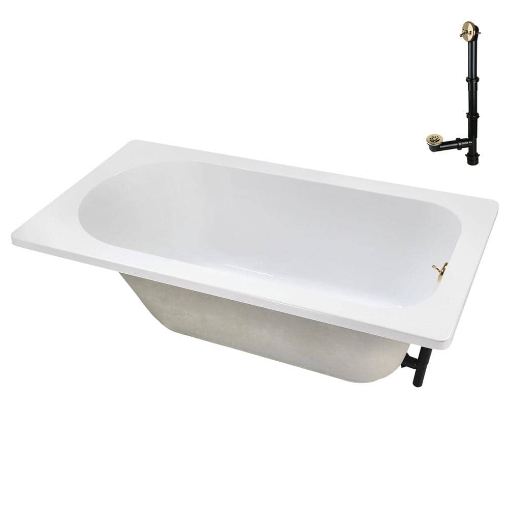 72" x 36" Glossy White Acrylic Soaking Drop-In Bathtub with Polished Brass Drain