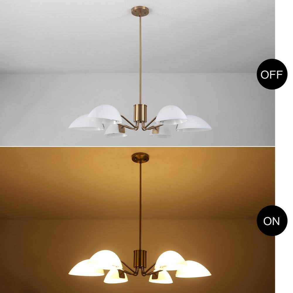 Modern Brass Chandelier with Milk Glass Shades, 6-Light