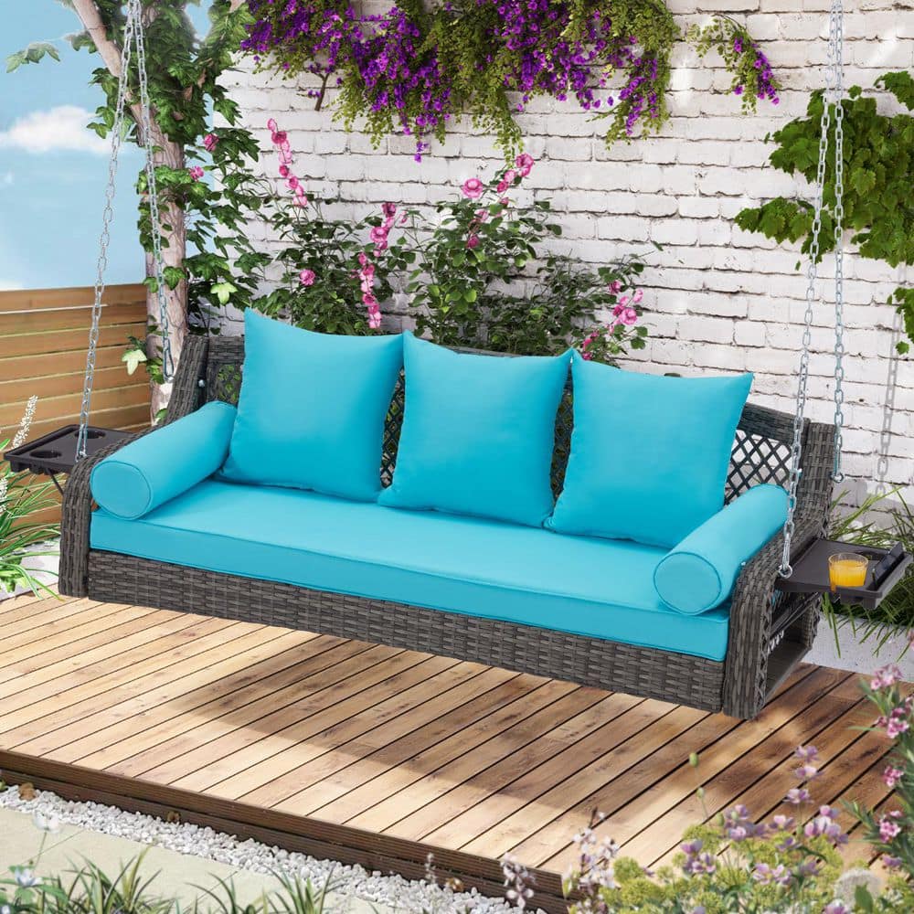 3-Person Gray Wicker Porch Swing with Chains Cup Holders and Light Blue Cus