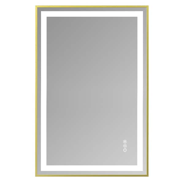24 in. W x 36 in. H Rectangle Framed LED Anti-Fog Wall Bathroom Vanity Mirror in Gold