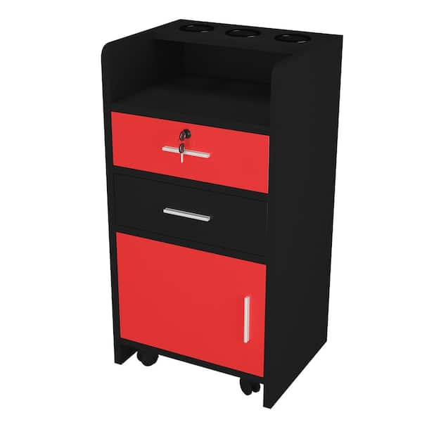 Winado Wood Salon Storage Cabinet Black Red with Lockable Drawer