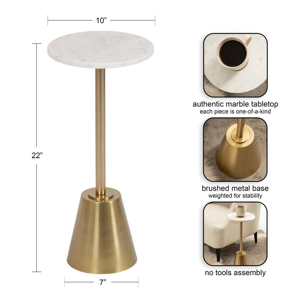 White Marble and Gold Round Drink Table, 10 x 22
